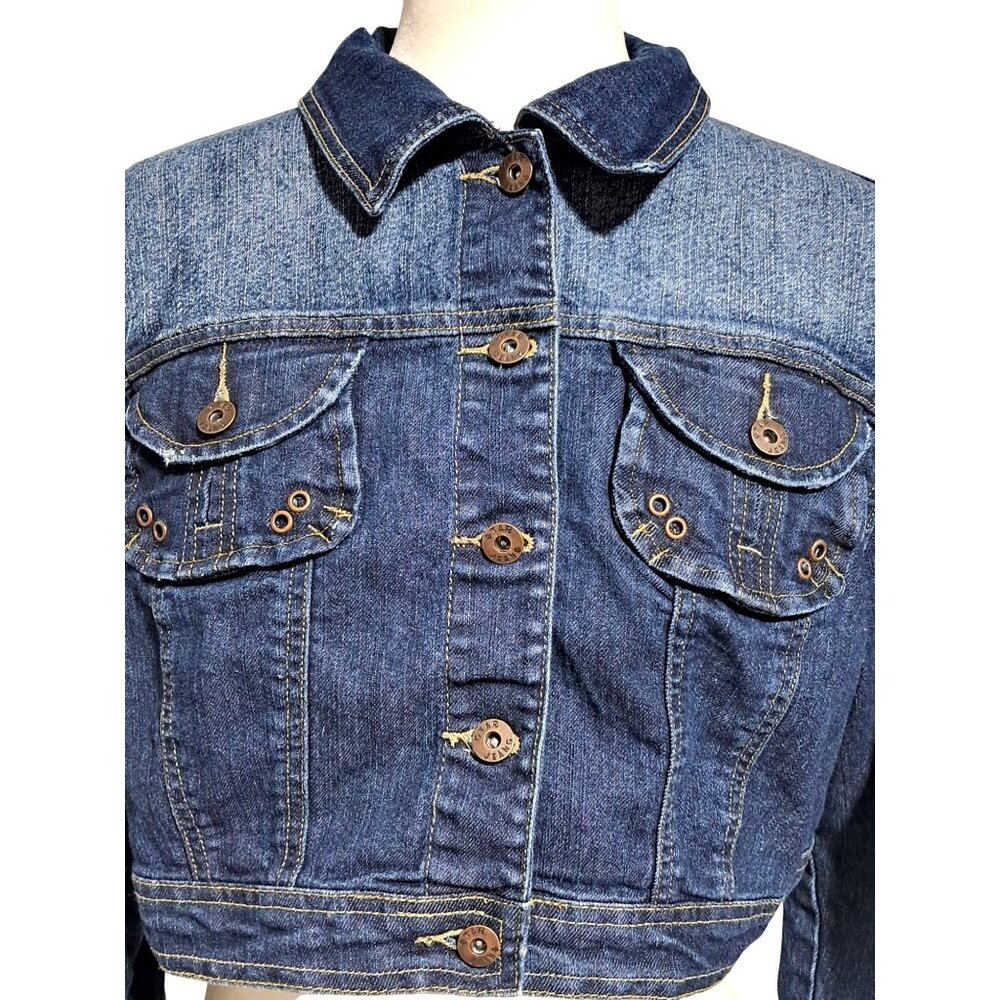 90s Star Jeans Womens Cropped Denim Jacket Y2K Style Medium Wash L/XL - Picture 6 of 7